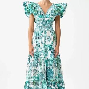 ZimmermannGreen FloralRuffle SleeveTop+HighWaist SkirtSetElegantSummerOutfit S/M